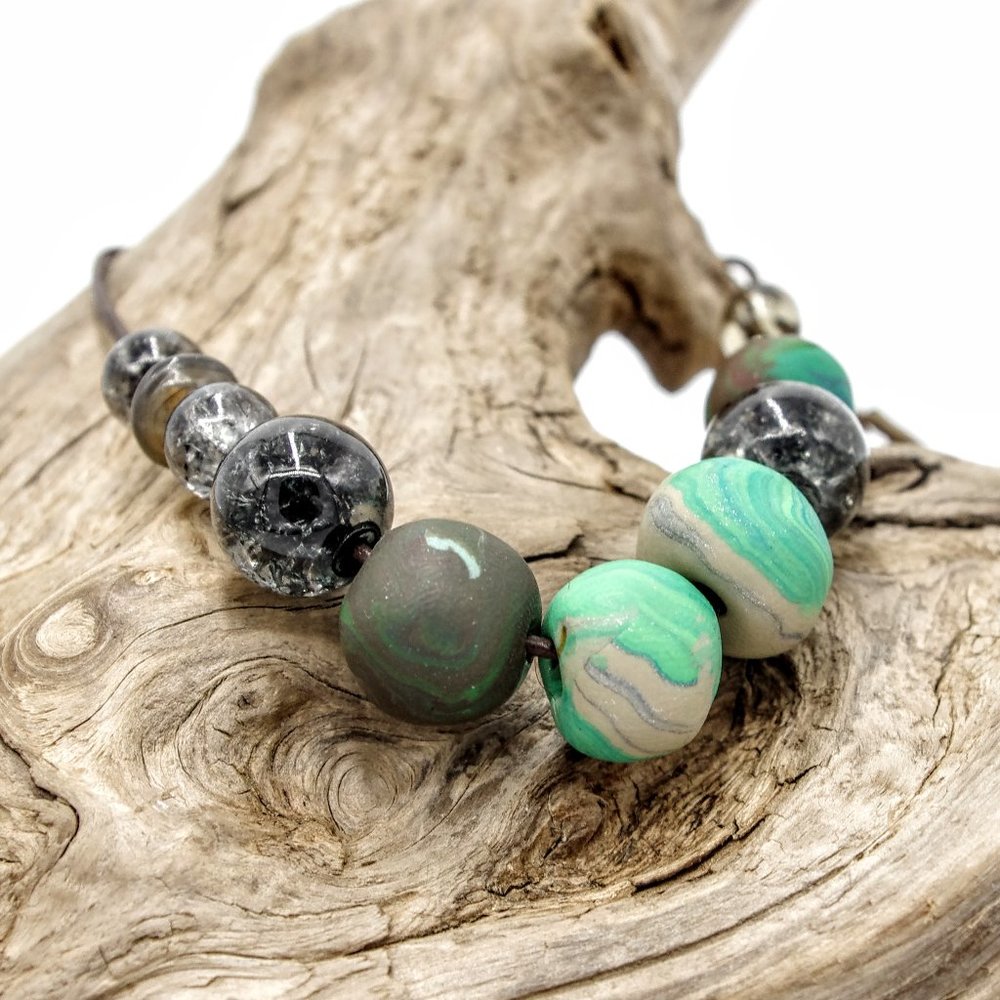 Turquoise Marbled Big Bead Bracelet with Handmade Beads